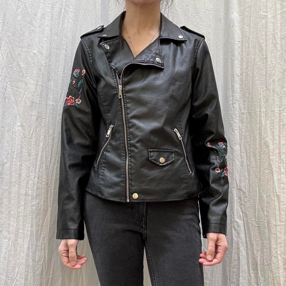 New Look Faux Black Leather Jacket Floral Embroidery Punk Grunge Biker Medium
